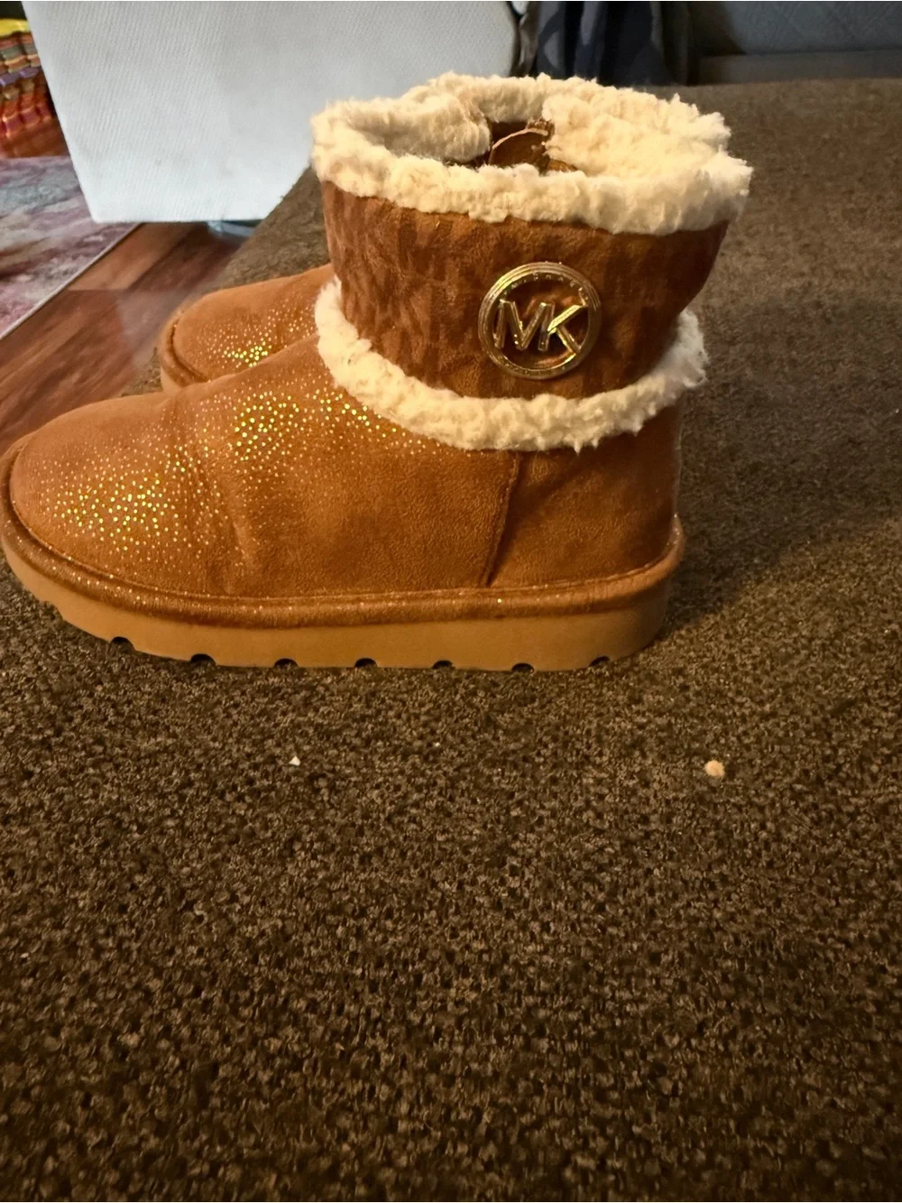 Michael Kors Girls Tan Faux-Shearling Boots with Glitter